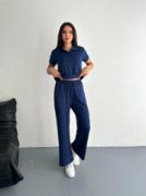 Osy Modal Yumuşak Dokulu Kumaş Kısa Kollu Yakalı T-shirt Pantalon Ikili Takım- Lacivert resmi